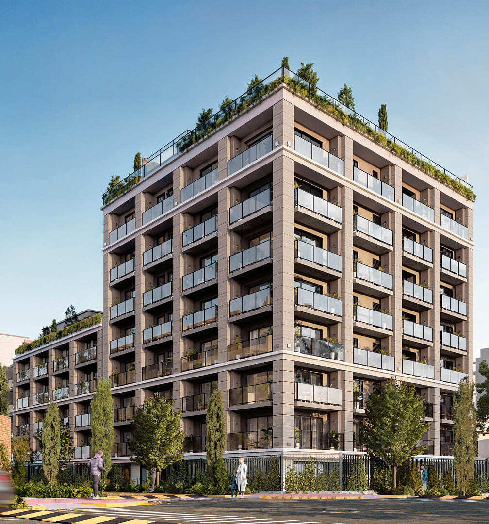 Fachada del proyecto Reducto de Aster Homes, edificio moderno en Miraflores con departamentos en venta del proyecto Reducto Aster Homes.