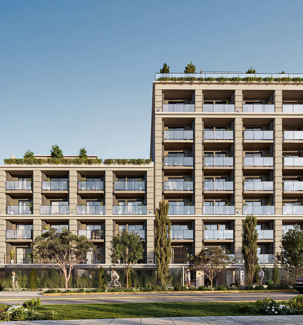 Vista frontal del proyecto Aster Basadre en San Isidro de inmobiliaria Aster Homes, edificio moderno con departamentos en venta.