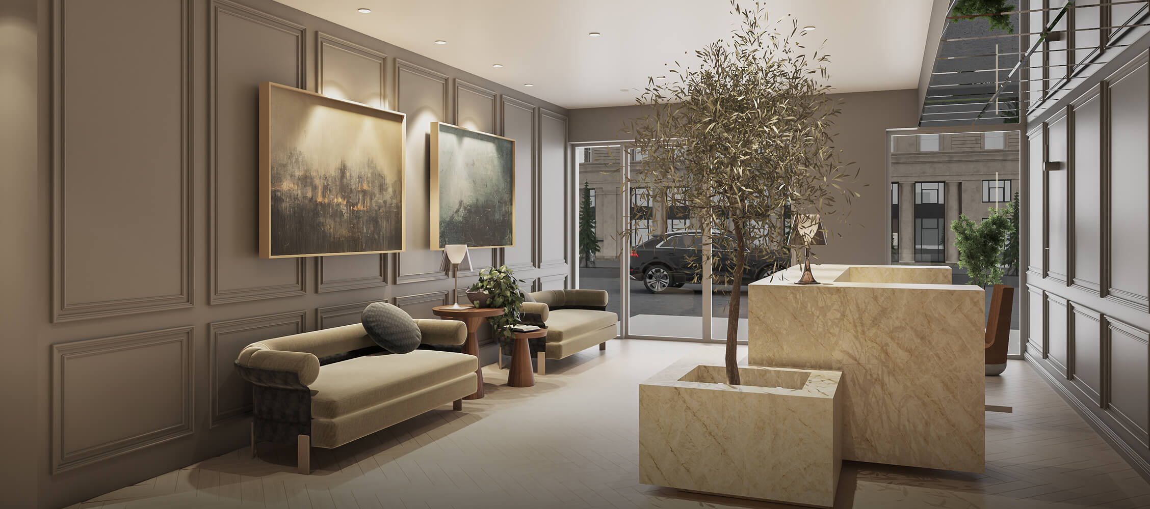 Lobby del proyecto Aster Basadre en San Isidro de inmobiliaria Aster Homes con diseño contemporáneo y sala de espera iluminada.