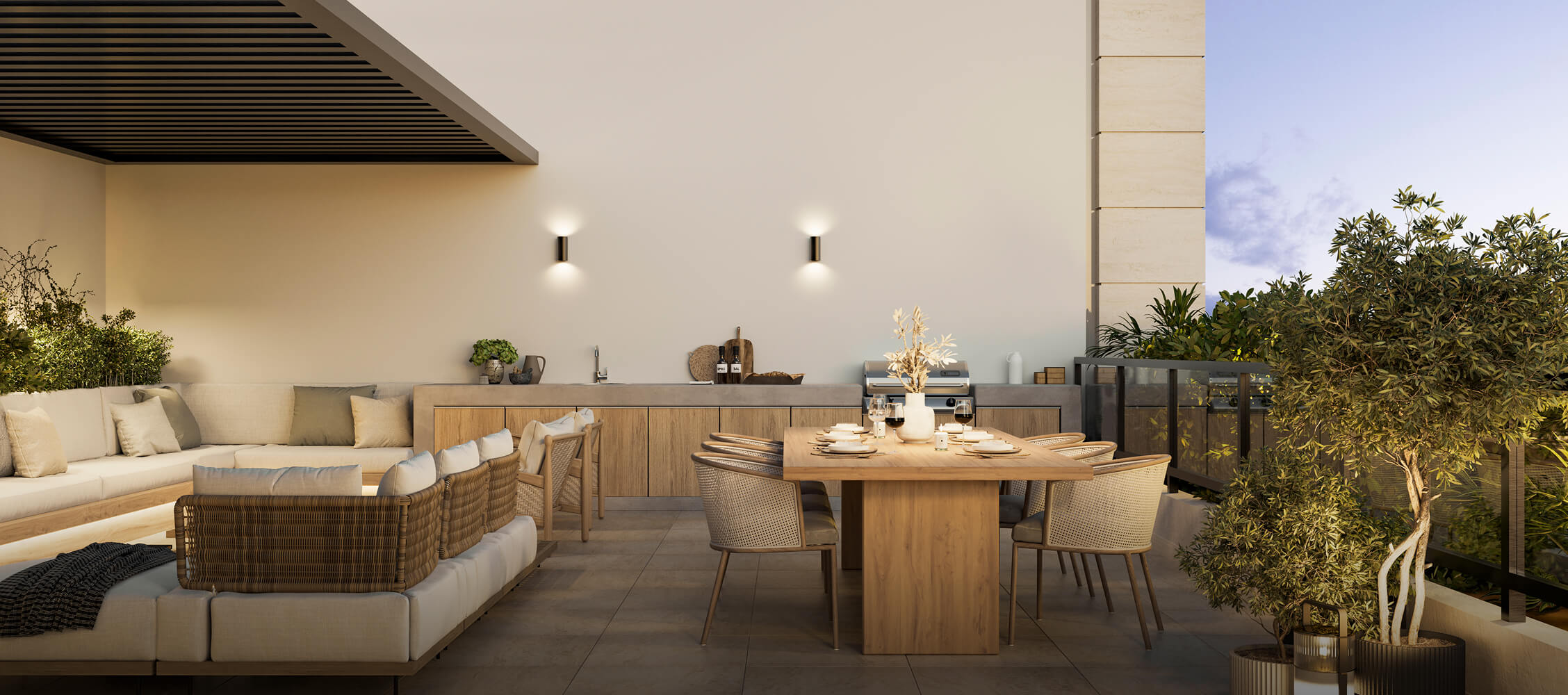 Terraza del proyecto Aster Basadre en San Isidro de inmobiliaria Aster Homes con área de parrilla y zona social.