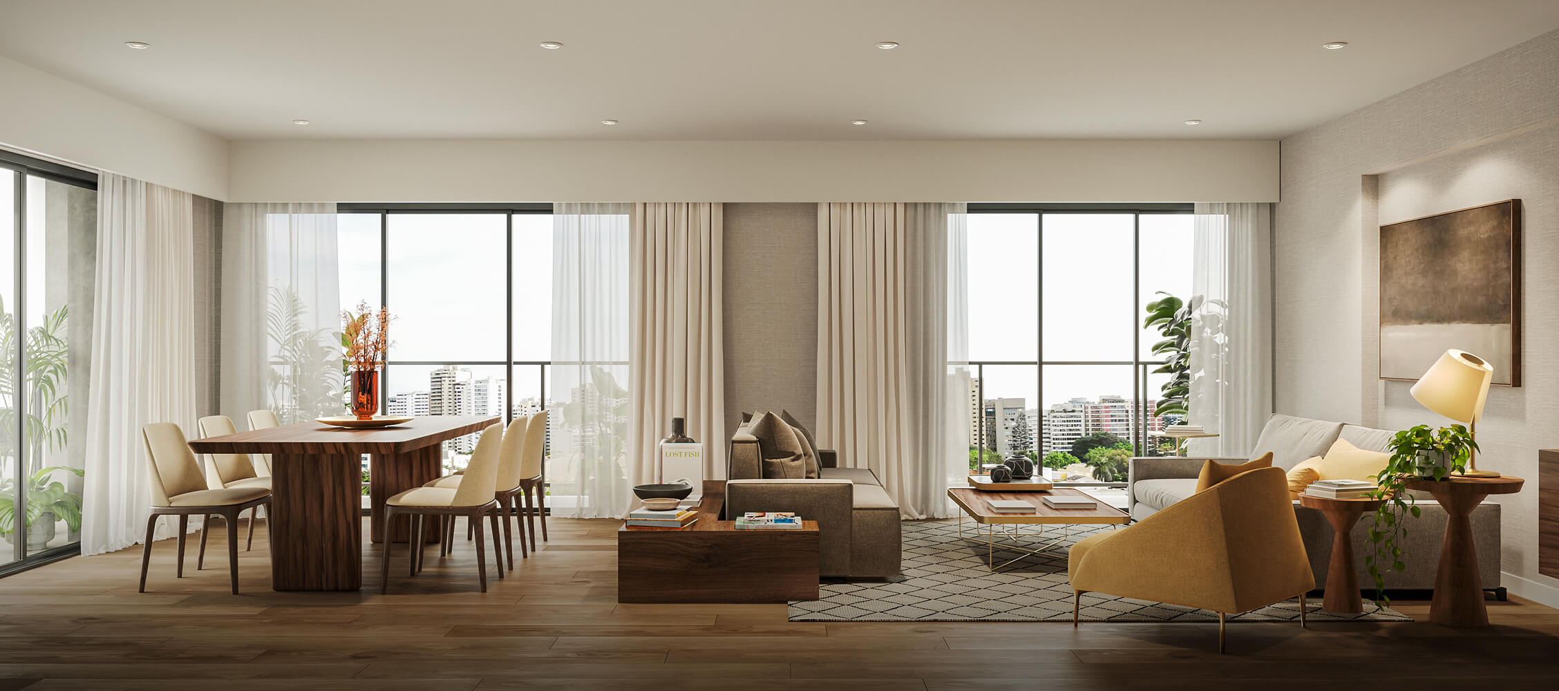 Sala del proyecto Aster Basadre en San Isidro de Aster Homes con iluminación natural y ventanales amplios.