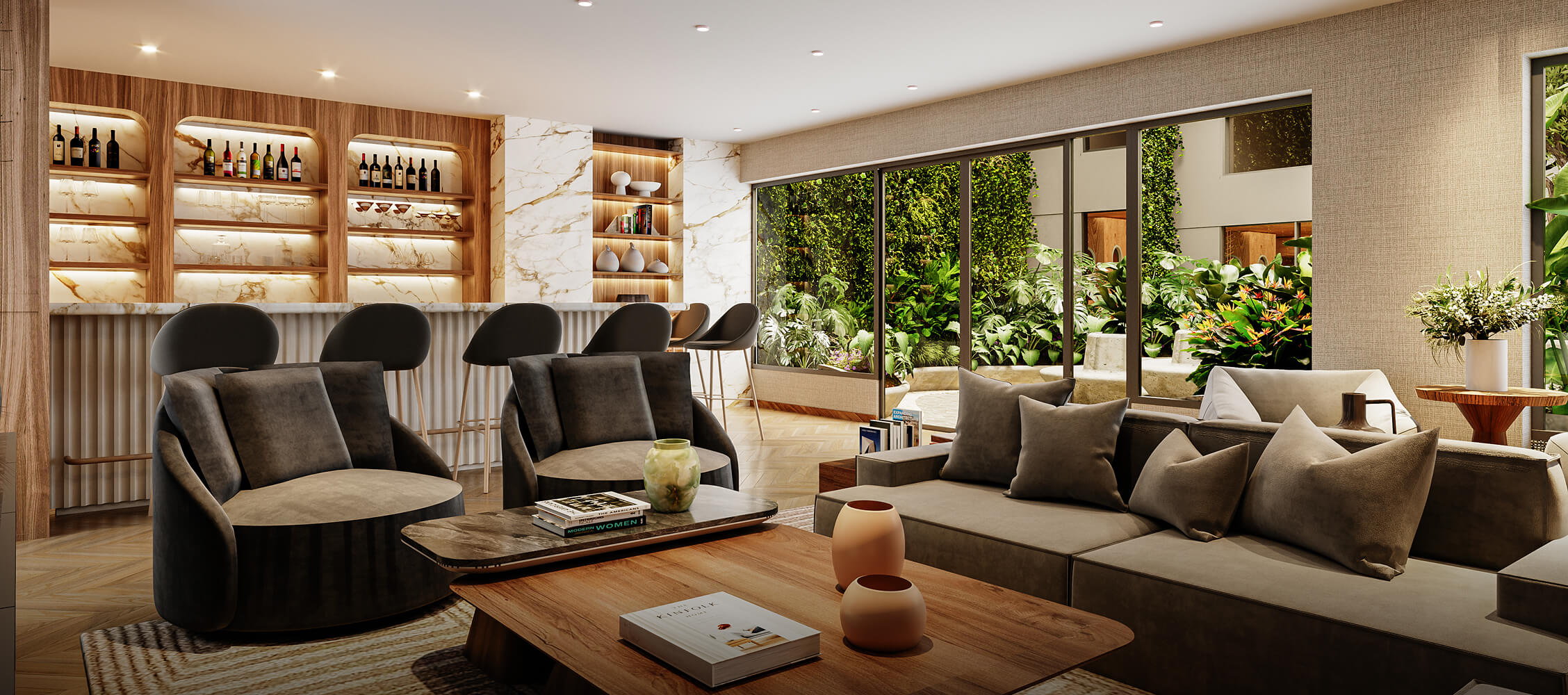 Zona de parrilla del proyecto Aster Basadre en San Isidro de inmobiliaria Aster Homes con comedor exterior y decoración natural.
