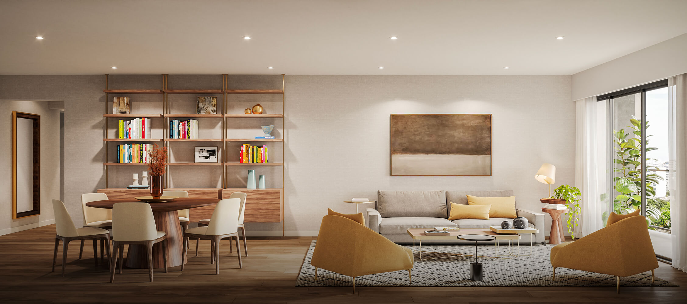 Sala comedor del proyecto Aster Basadre en San Isidro de inmobiliaria Aster Homes con diseño moderno y vista exterior.