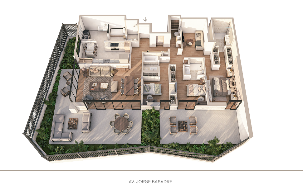 Plano 3D del departamento 101 del proyecto Aster Basadre en San Isidro de inmobiliaria Aster Homes con diseño espacioso y 3 dormitorios.