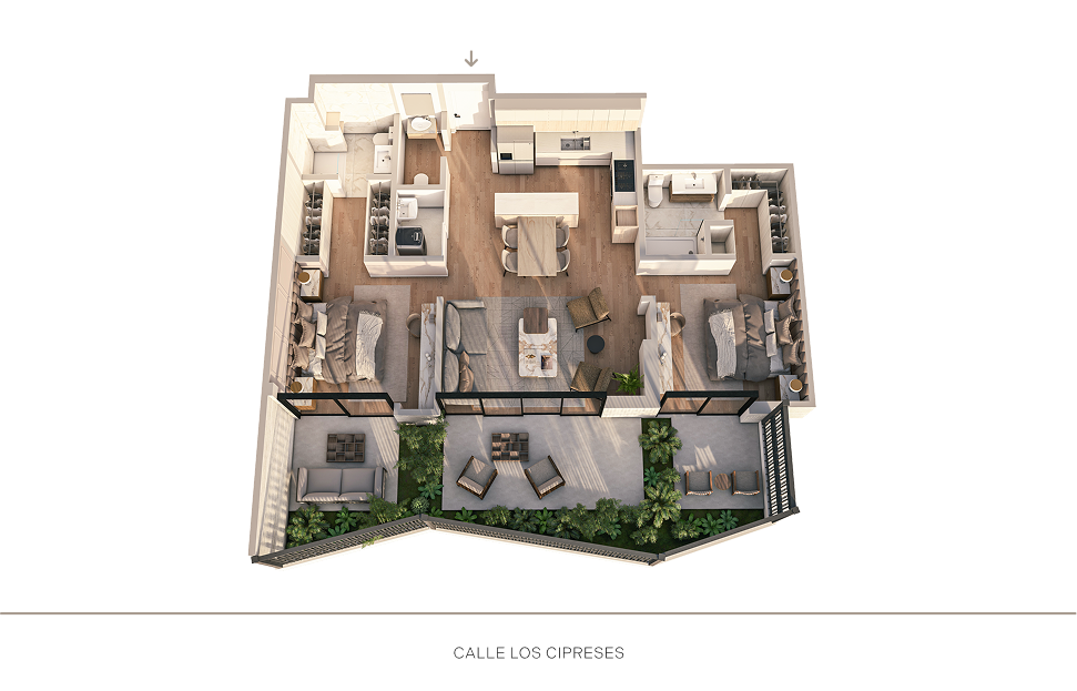 Plano 3D del departamento 102 del proyecto Aster Basadre en San Isidro de Aster Homes con amplia distribución y 2 dormitorios.