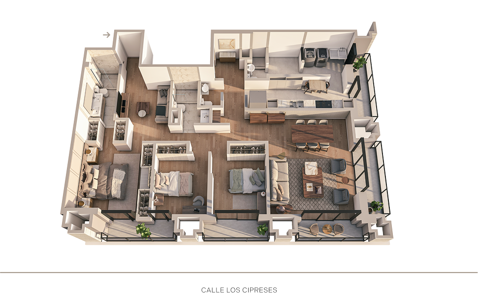 Plano 3D de los departamentos 202–302 del proyecto Aster Basadre en San Isidro de inmobiliaria Aster Homes con distribución de 3 dormitorios.