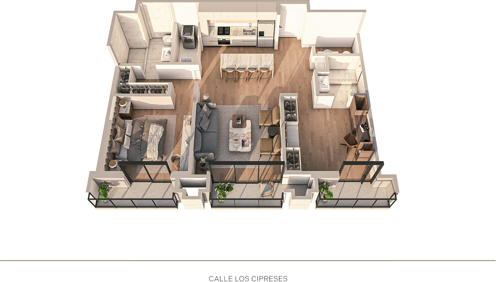 Plano 3D de los departamentos 204–304 del proyecto Aster Basadre en San Isidro de inmobiliaria Aster Homes con distribución de 2 dormitorios.
