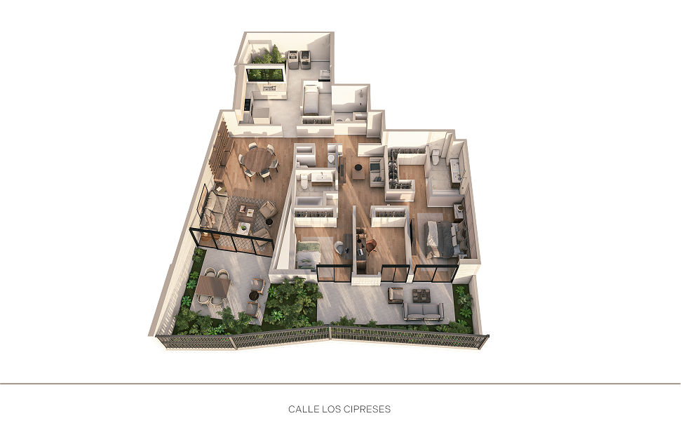 Plano 3D del departamento 103 del proyecto Aster Basadre en San Isidro de Aster Homes con amplia distribución y 3 dormitorios.