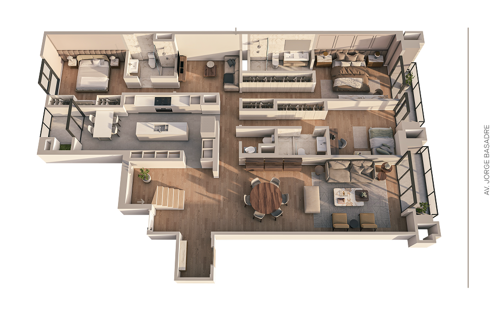 Plano 3D del departamento 101 del proyecto Aster Basadre en San Isidro de inmobiliaria Aster Homes con diseño espacioso y 3 dormitorios.