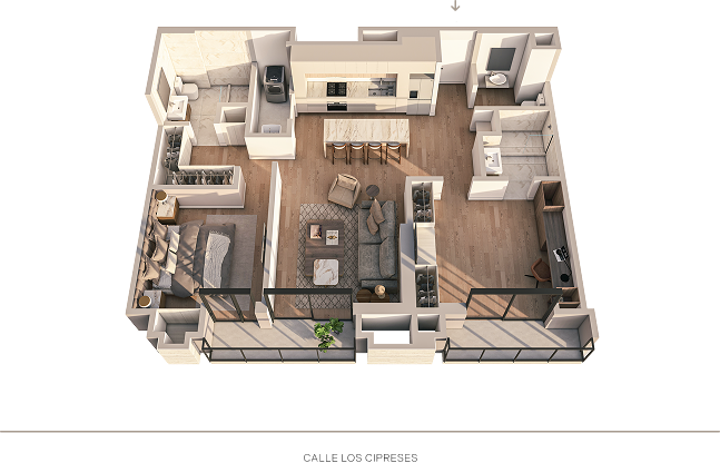 Plano 3D de los departamentos 203–303 del proyecto Aster Basadre en San Isidro de inmobiliaria Aster Homes con áreas bien distribuidas y 2 dormitorios.
