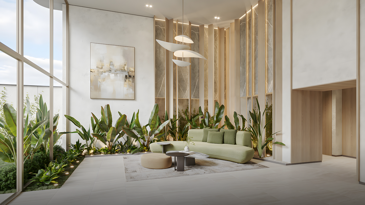 Lobby del proyecto Aster Costanera en San Miguel de Aster Homes con diseño contemporáneo, tonos cálidos y decoración con plantas naturales.