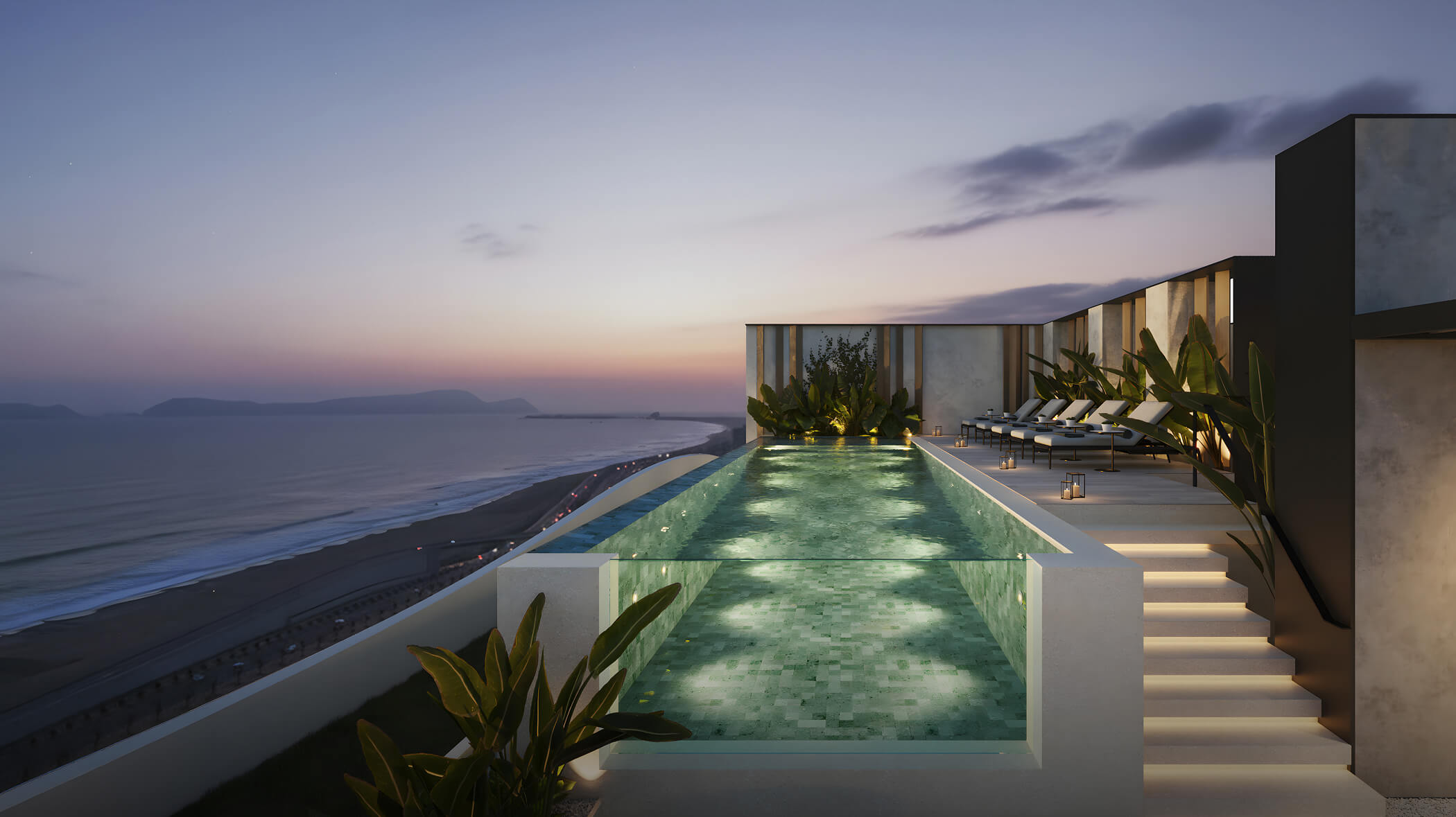 Piscina rooftop del proyecto Aster Costanera en San Miguel de Aster Homes con vista al mar, área de descanso y diseño elegante.