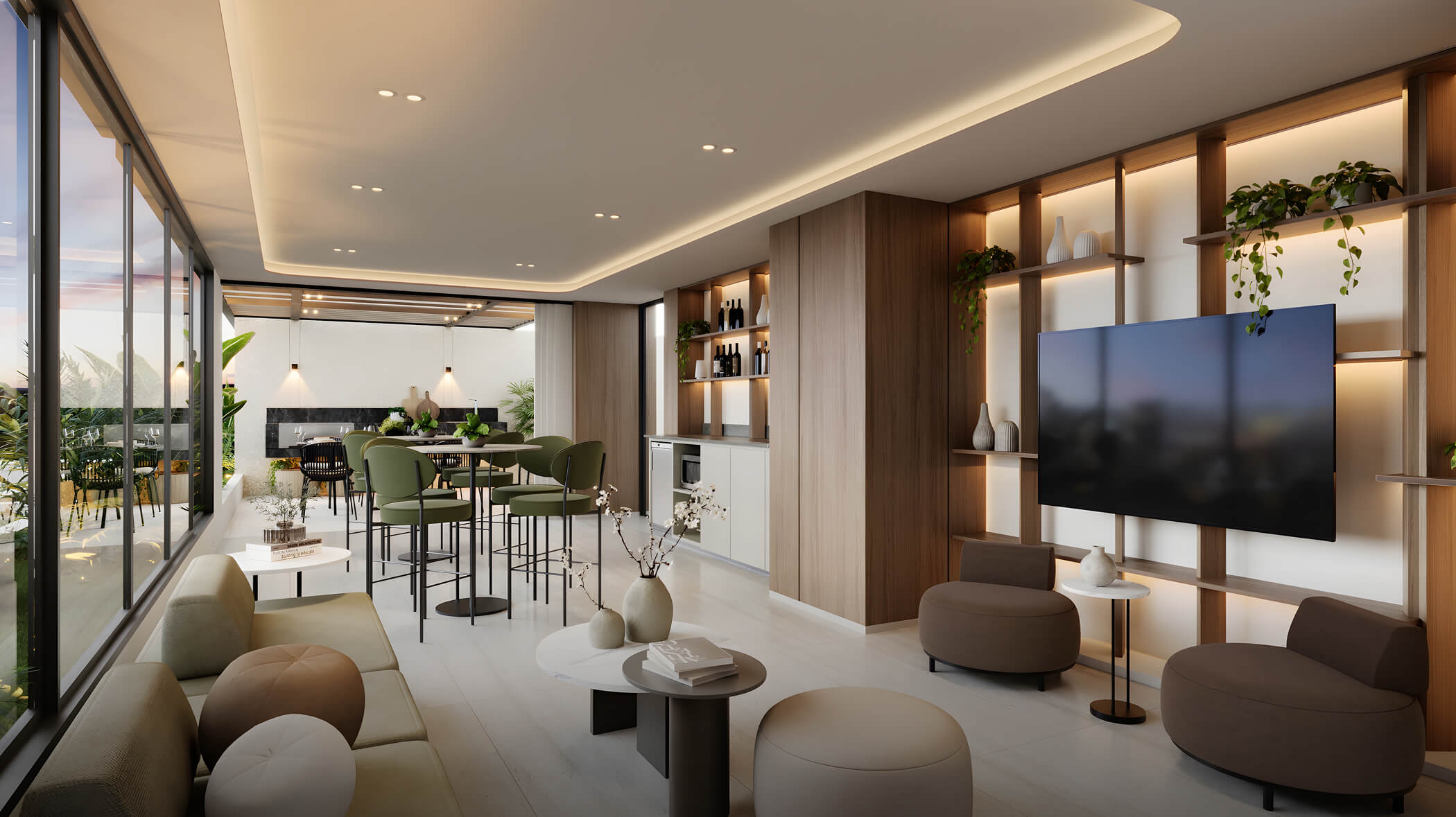 Salón gourmet del proyecto Aster Costanera en San Miguel de Aster Homes con mesa amplia, cocina equipada y acabados modernos.