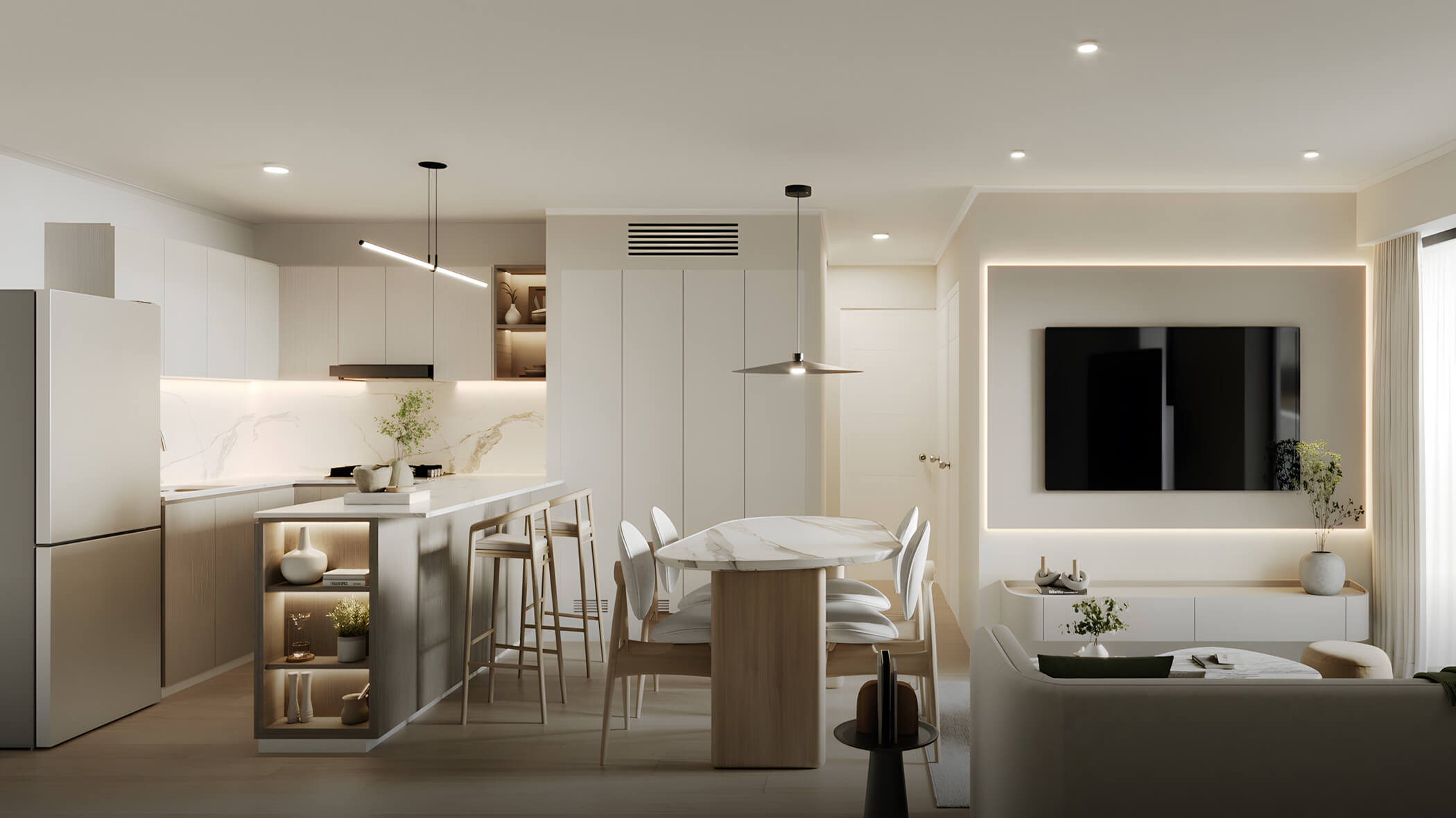 Sala comedor del departamento del proyecto Aster Costanera en San Miguel de Aster Homes con cocina integrada, diseño moderno y tonos cálidos.