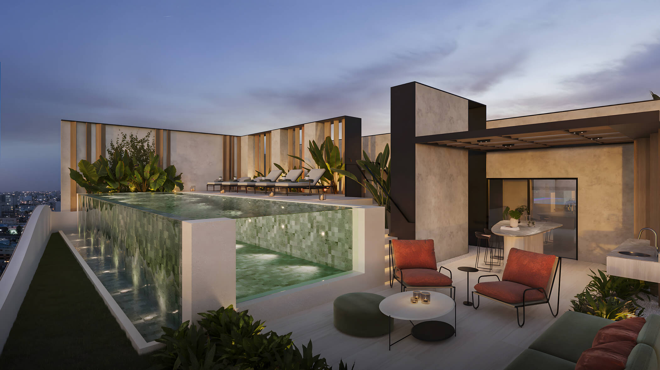 Piscina y zona lounge del proyecto Aster Costanera en San Miguel de Aster Homes con vista al cielo costero y área de descanso moderna.