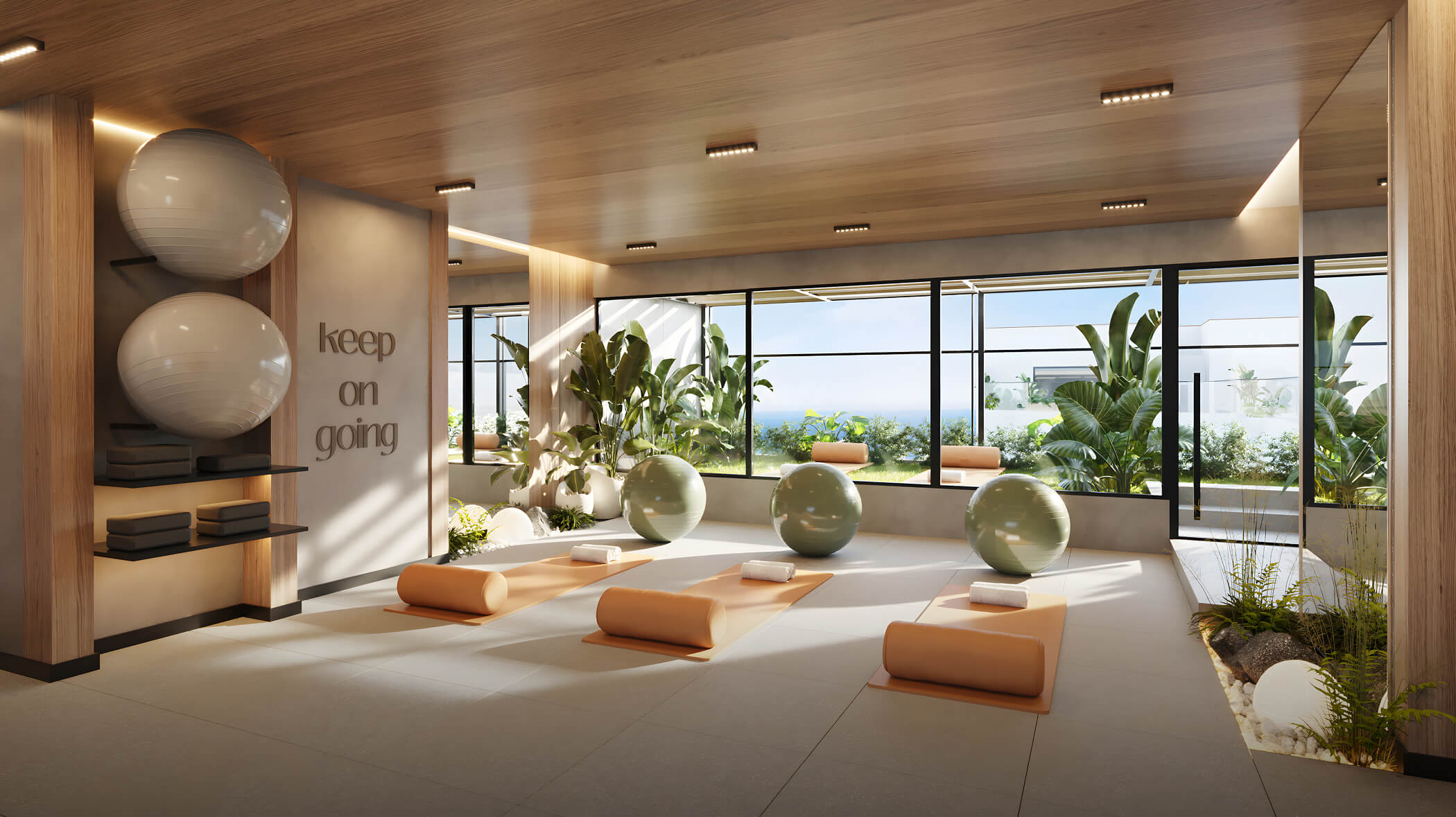Sala de yoga del proyecto Aster Costanera en San Miguel de Aster Homes con vista exterior, colchonetas y diseño iluminado para entrenamiento.