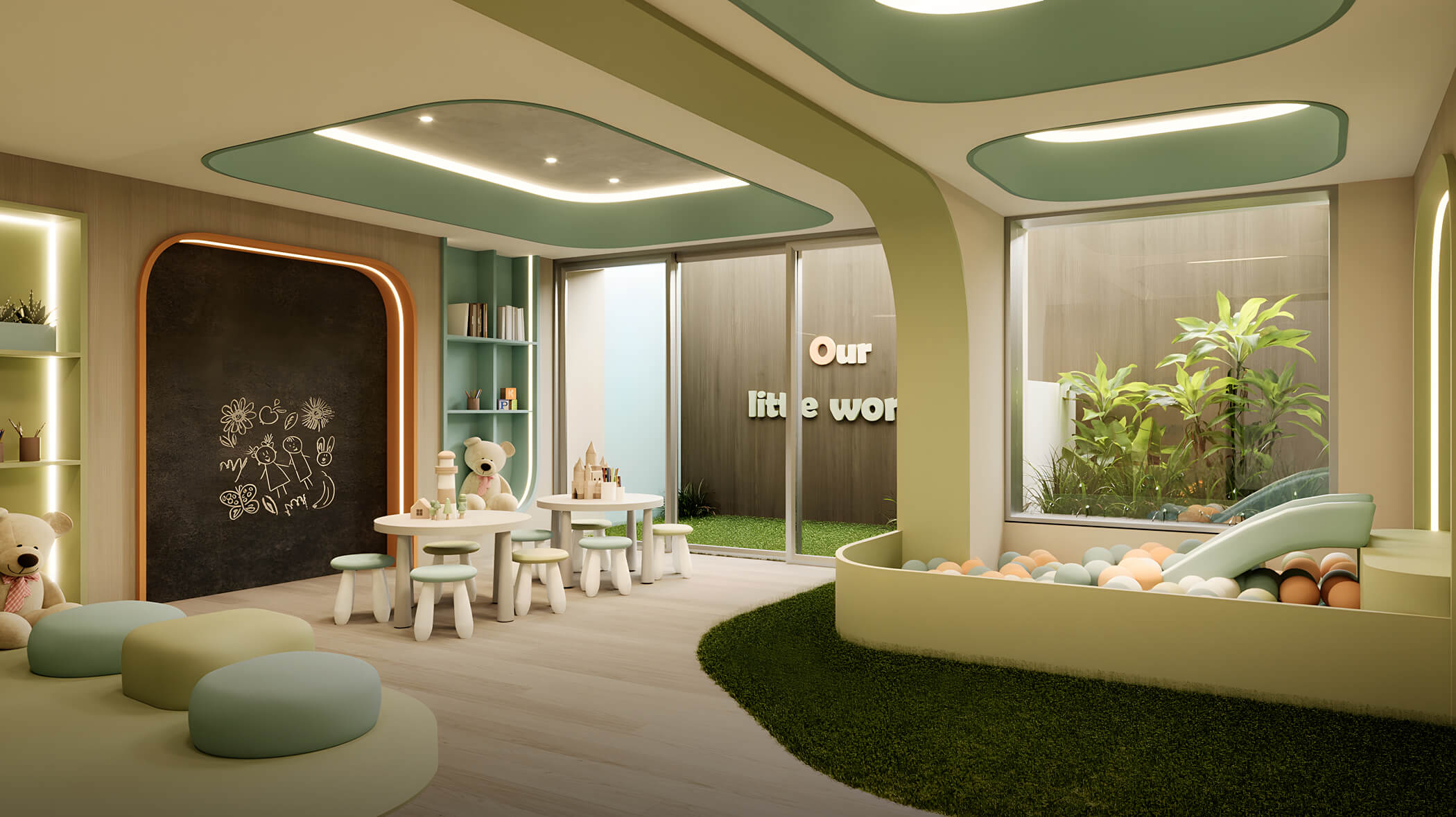 Sala de niños del proyecto Aster Costanera en San Miguel de Aster Homes con mobiliario infantil, área de juegos y diseño colorido.