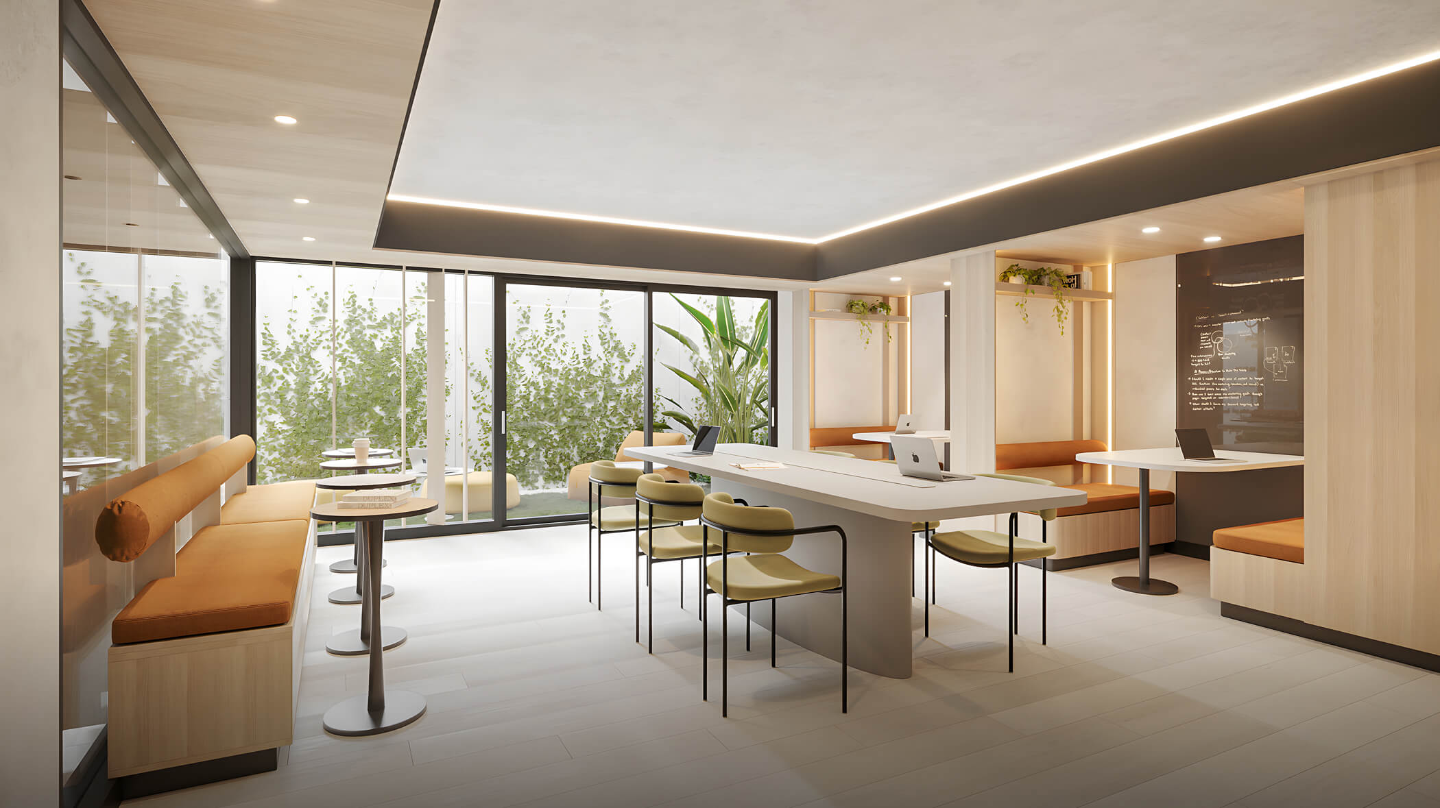 Espacio de coworking del proyecto Aster Costanera en San Miguel de Aster Homes con mesas modernas, iluminación cálida y vista a áreas verdes.