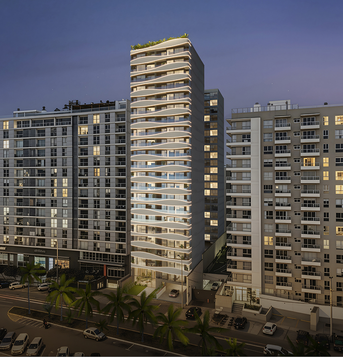 Fachada del proyecto Aster Costanera de Aster Homes, edificio residencial moderno en San Miguel con departamentos en venta frente a la Costa Verde.