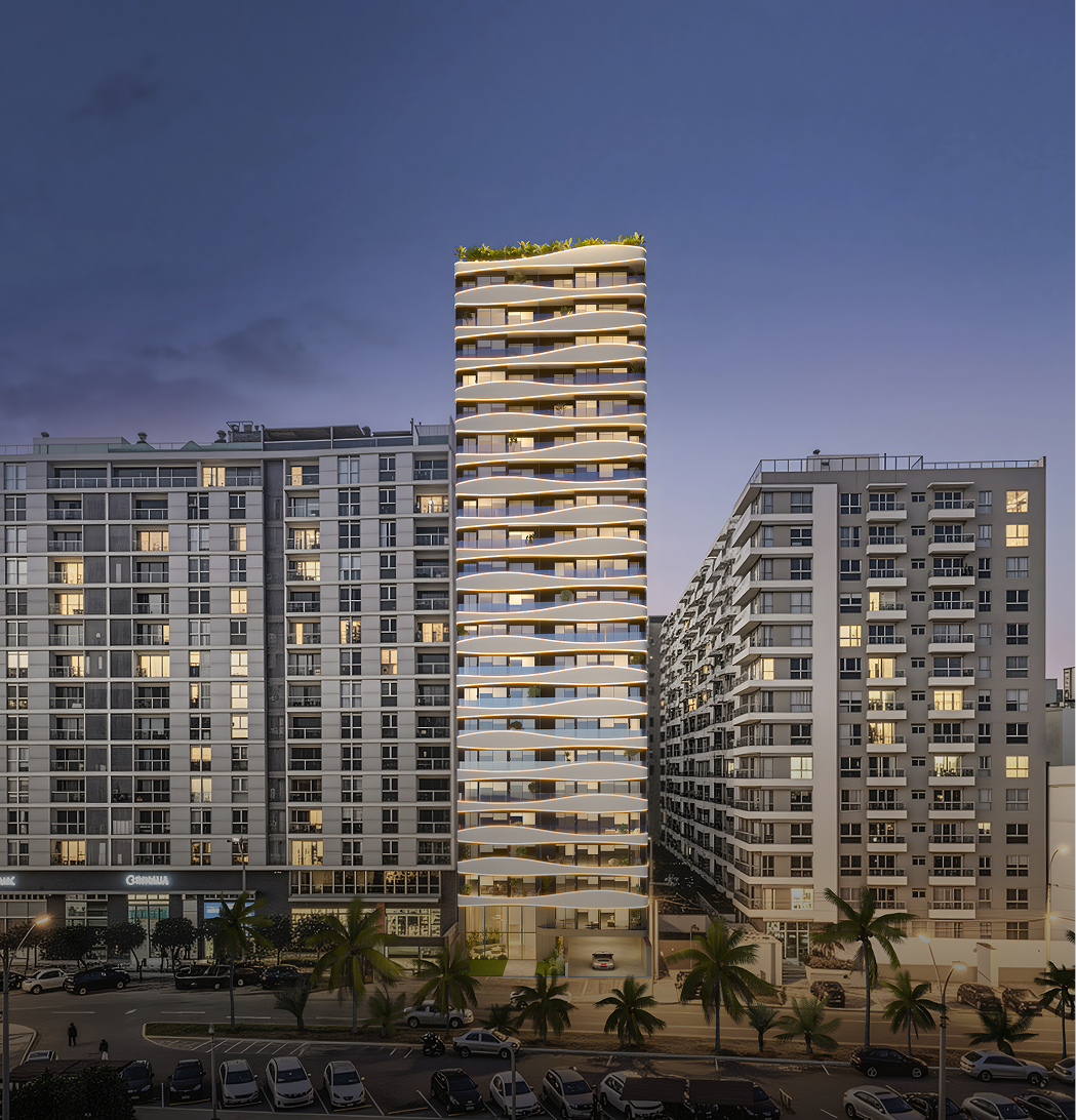 Vista en ángulo del proyecto Aster Costanera de Aster Homes, edificio con diseño contemporáneo y departamentos en venta en la zona costera de San Miguel.