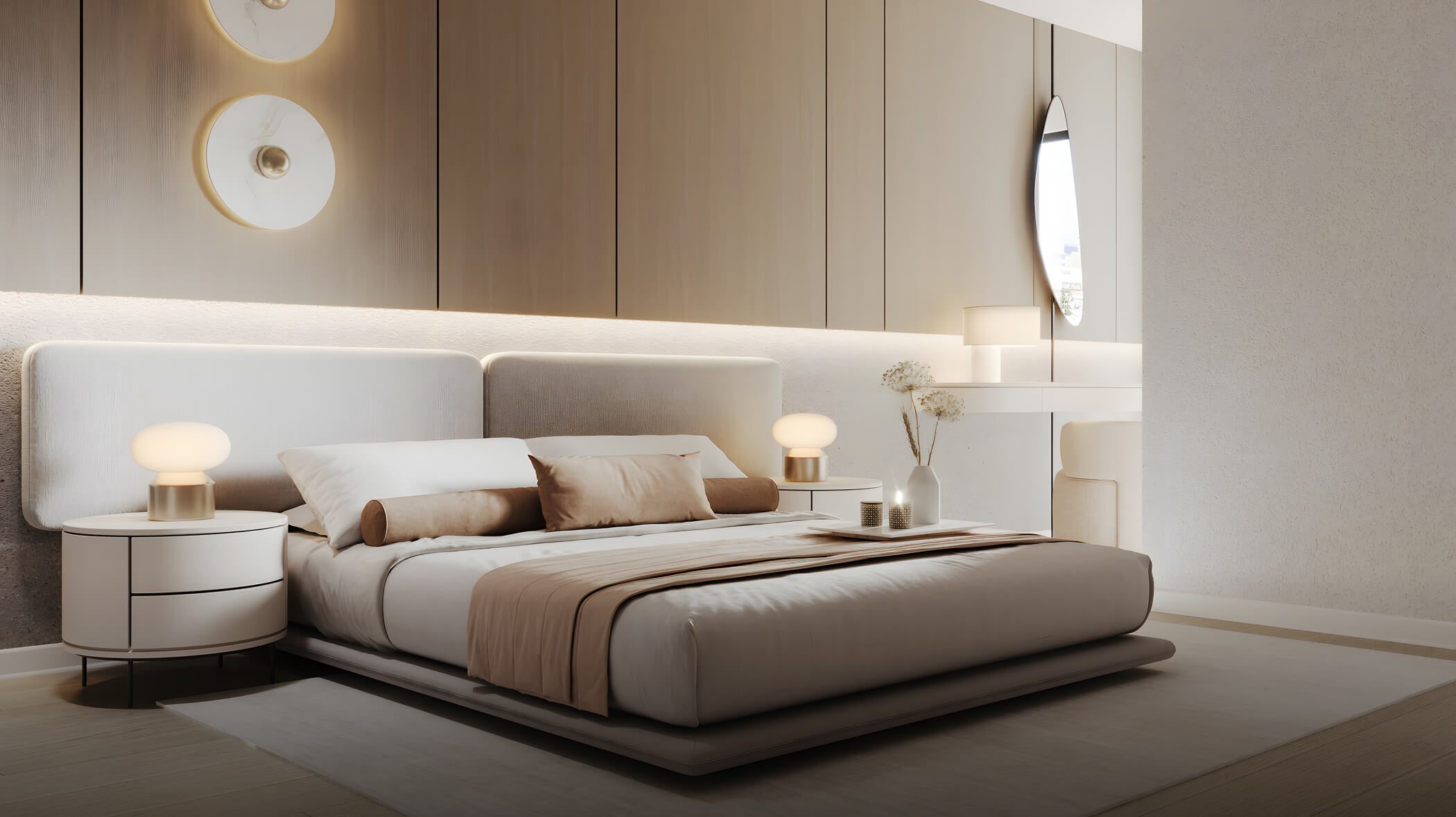Dormitorio principal del proyecto Aster Costanera en San Miguel de Aster Homes con diseño contemporáneo, iluminación suave y decoración elegante.