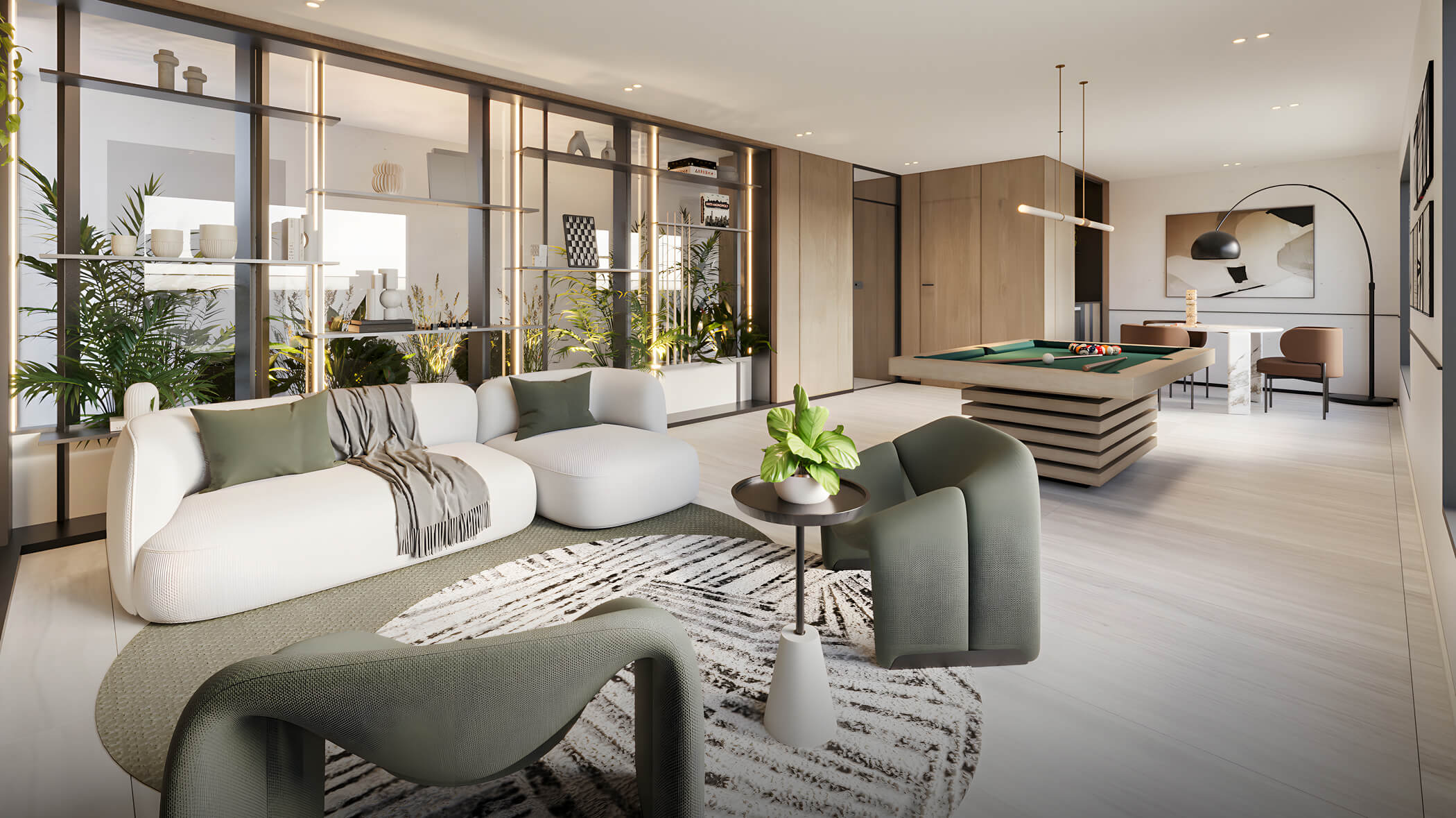 Sala de adultos del proyecto Aster Costanera en San Miguel de Aster Homes con zona lounge, decoración moderna y mesa de billar.