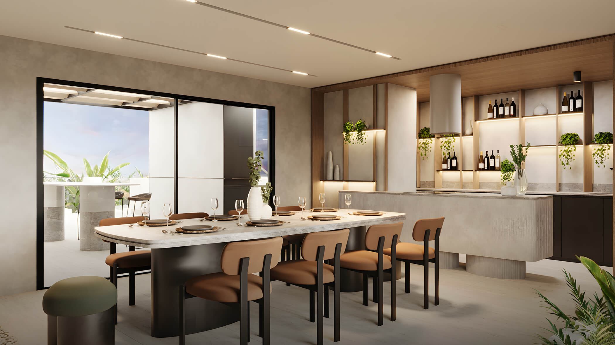 Sala SUM del proyecto Aster Costanera en San Miguel de Aster Homes con mesas altas, acabados en madera y ambiente social iluminado.