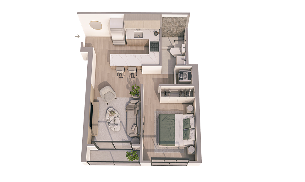 Plano 3D del departamento B_03 del proyecto Aster Costanera en San Miguel de Aster Homes con distribución de 1 dormitorio.
