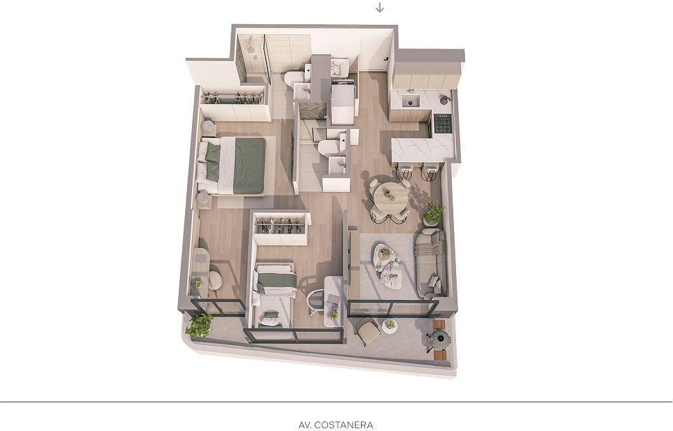 Plano 3D del departamento A_01 del proyecto Aster Costanera en San Miguel de Aster Homes con distribución de 2 dormitorios.