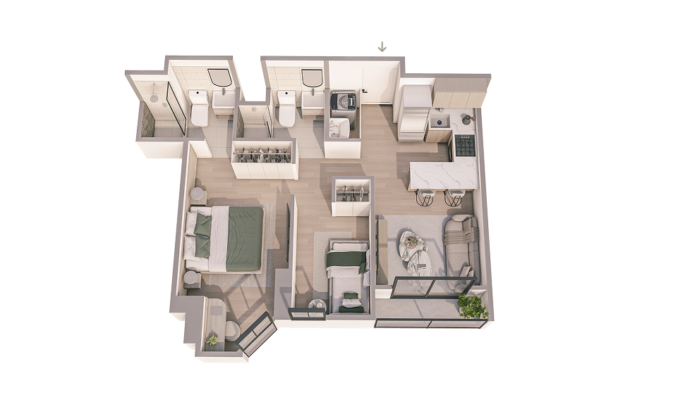 Plano 3D del departamento A_04 del proyecto Aster Costanera en San Miguel de Aster Homes con distribución de 2 dormitorios y espacios compactos.