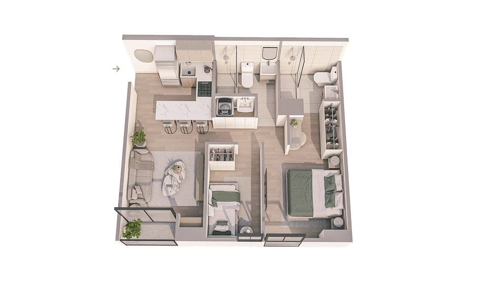 Plano 3D del departamento A_05 del proyecto Aster Costanera en San Miguel de Aster Homes con distribución funcional y 2 dormitorios.