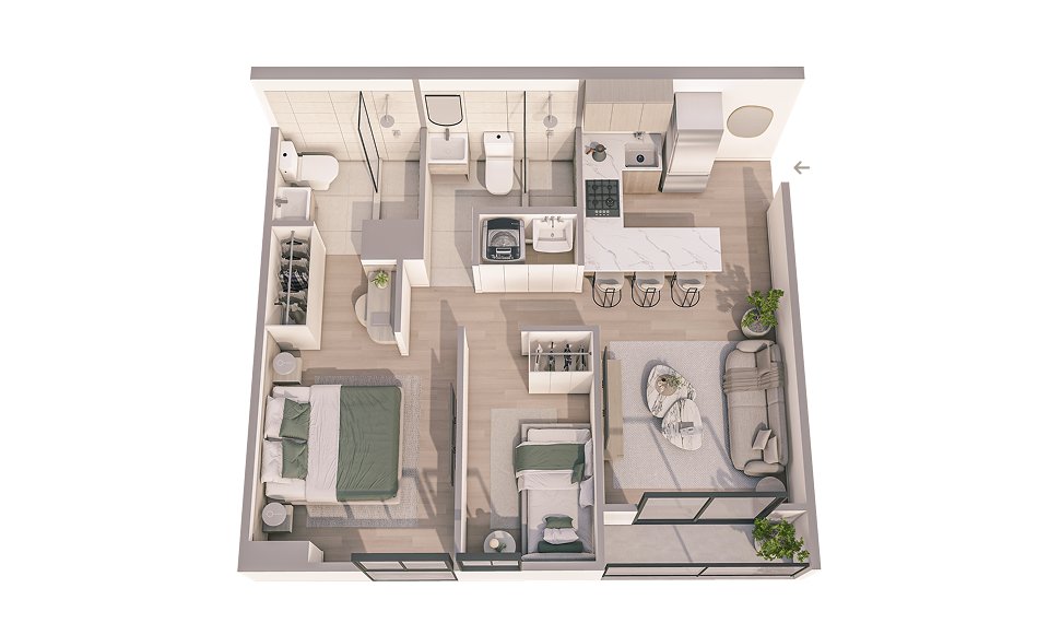 Plano 3D del departamento B_01 del proyecto Aster Costanera en San Miguel de Aster Homes con distribución funcional y 2 dormitorios.