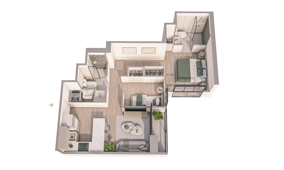Plano 3D del departamento B_02 del proyecto Aster Costanera en San Miguel de Aster Homes con distribución compacta y 2 dormitorios.