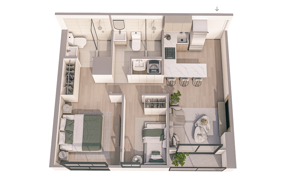 Plano 3D del departamento B_04 del proyecto Aster Costanera en San Miguel de Aster Homes con diseño eficiente y 2 dormitorios.
