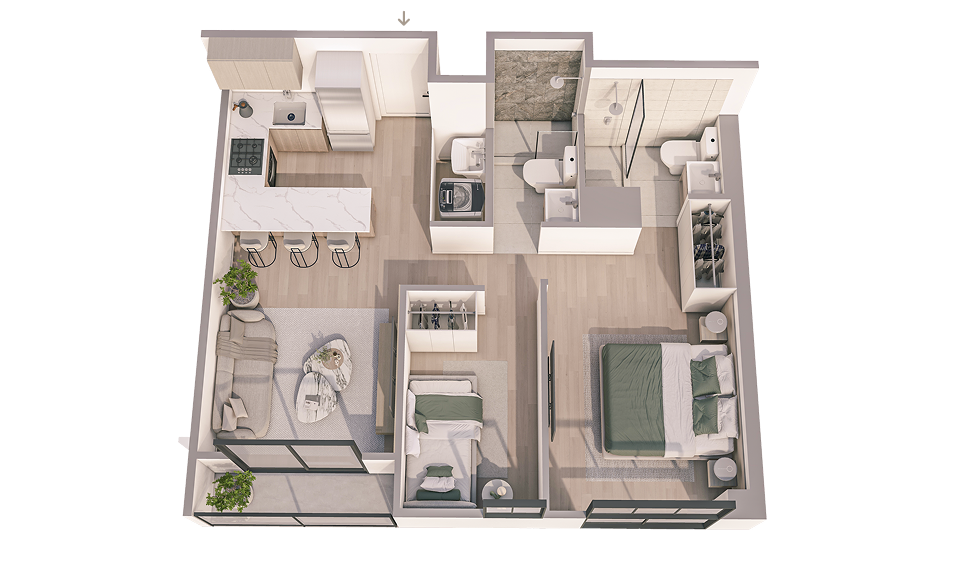 Plano 3D del departamento B_05 del proyecto Aster Costanera en San Miguel de Aster Homes con distribución moderna y 2 dormitorios.