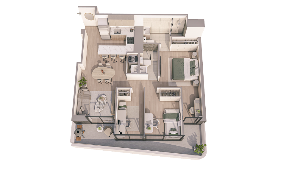 Plano 3D del departamento A_02 del proyecto Aster Costanera en San Miguel de Aster Homes con distribución amplia y 3 dormitorios.
