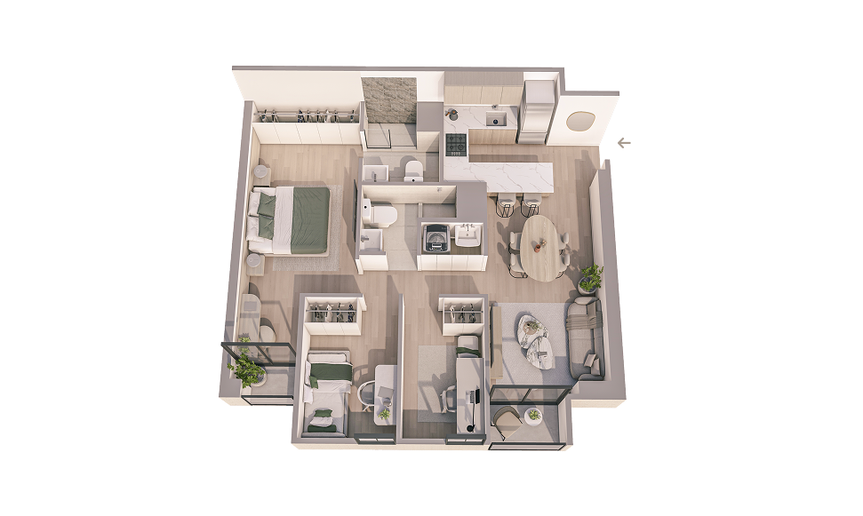 Plano 3D del departamento A_03 del proyecto Aster Costanera en San Miguel de Aster Homes con diseño eficiente y 3 dormitorios.