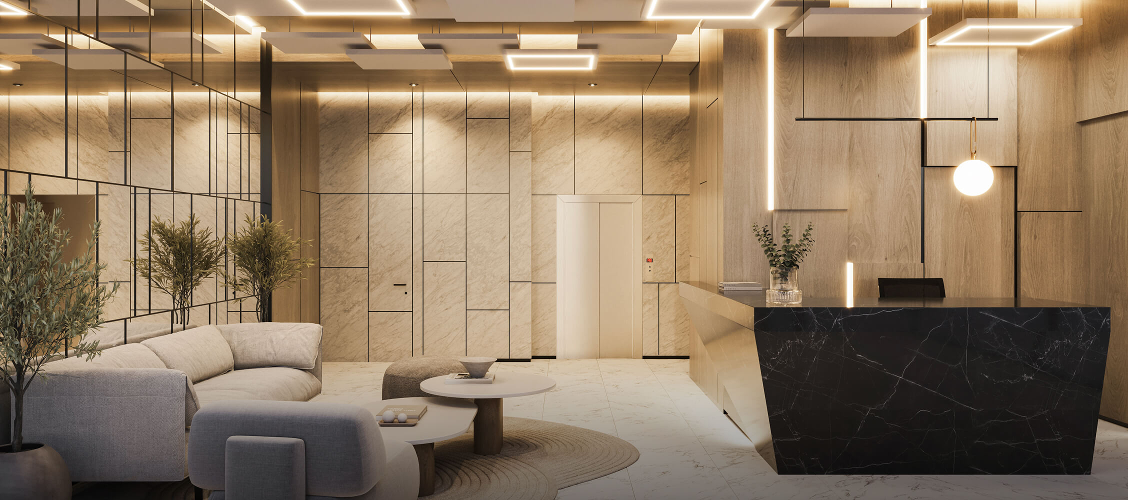 Lobby del proyecto Reducto Aster Homes en Miraflores con acabados en mármol y diseño contemporáneo.