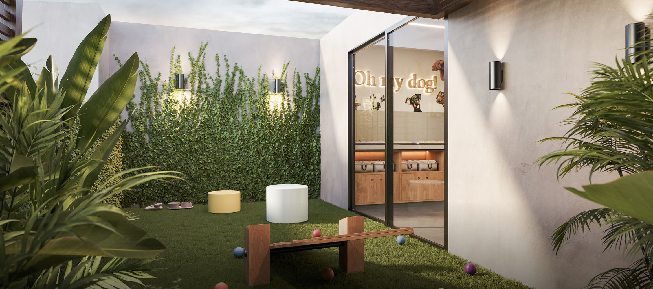 Pet zone del proyecto Reducto Aster Homes en Miraflores con área verde y espacio de juego para mascotas.