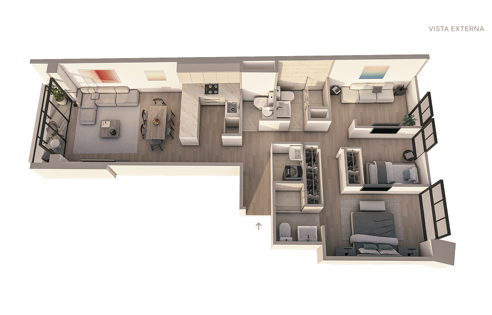 Plano 3D del departamento X01 del proyecto Reducto Aster Homes en Miraflores con diseño de 2 dormitorios y sala integrada.