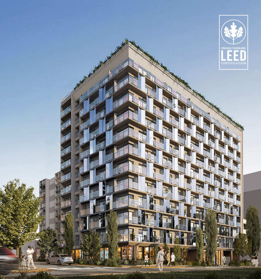 Fachada lateral del proyecto Reducto Aster Homes, edificio de 12 pisos con departamentos en venta y certificación LEED.