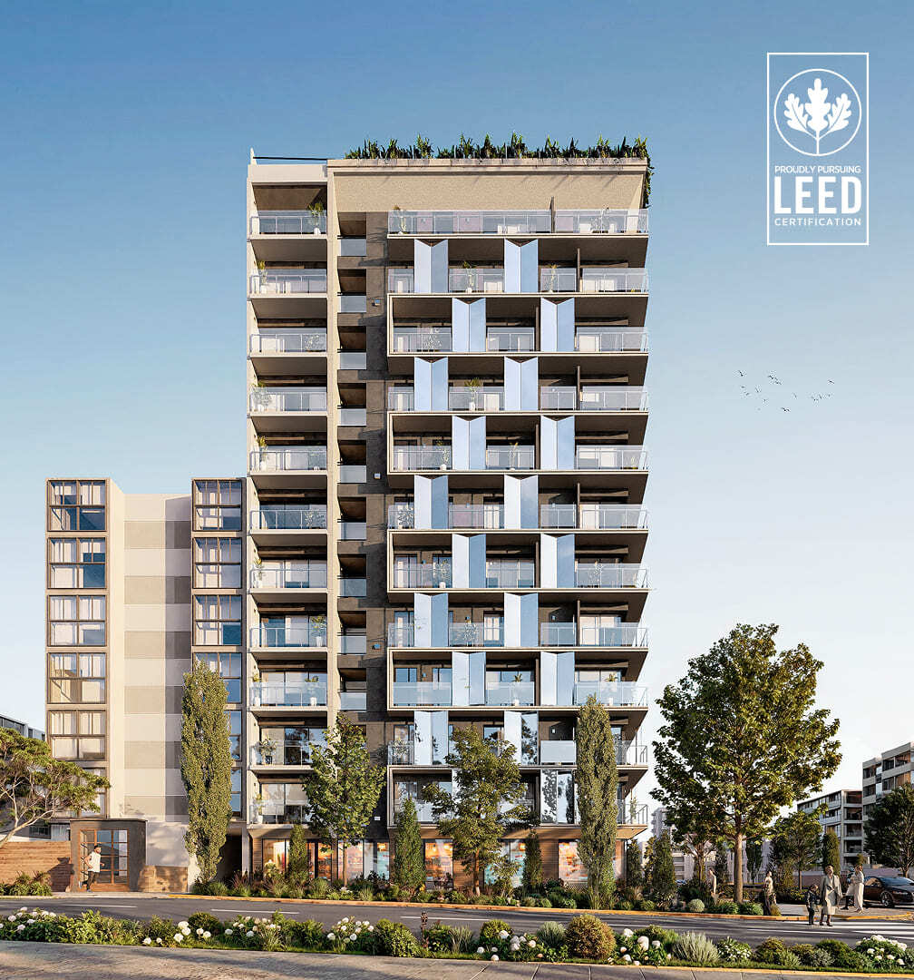 Fachada lateral del proyecto Reducto Aster Homes, edificio de 12 pisos con departamentos en venta y certificación LEED.