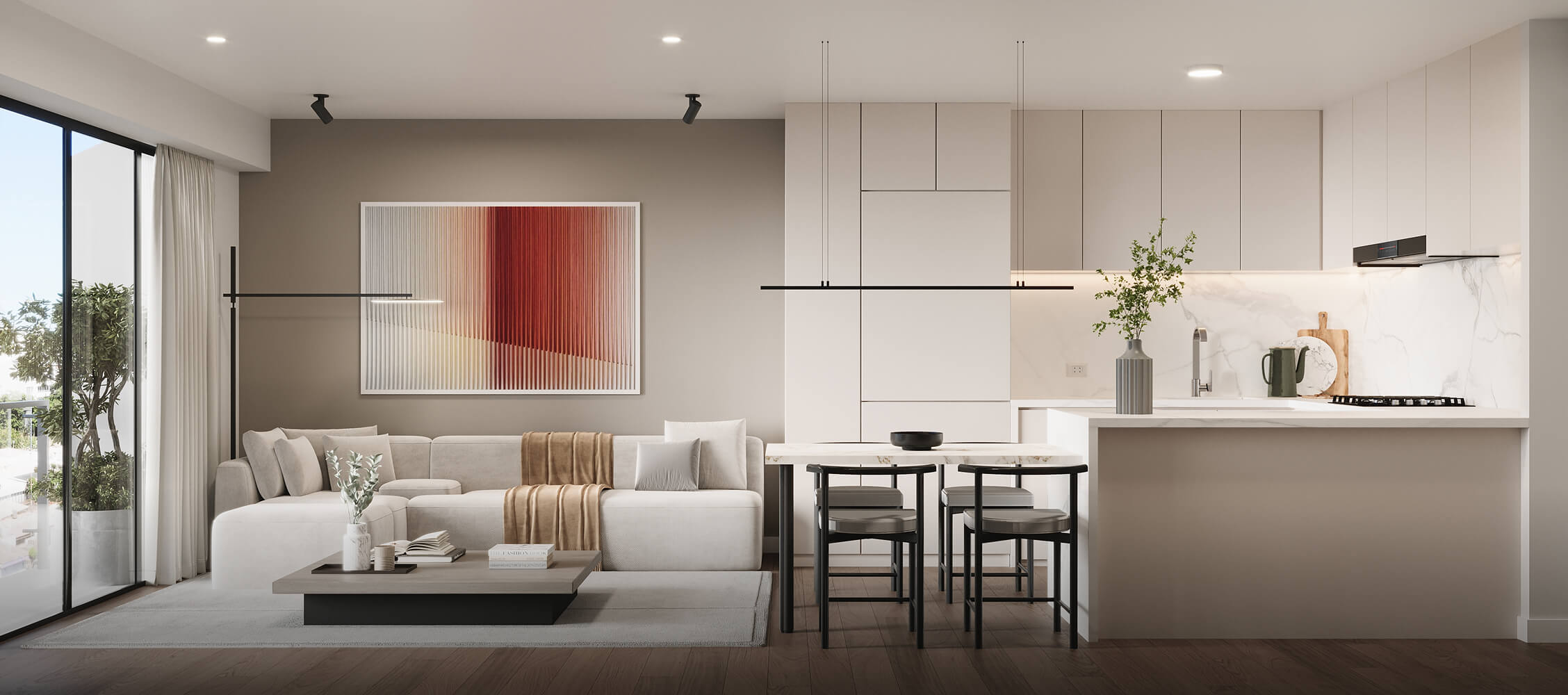 Sala del proyecto Reducto de Aster Homes con acabados premium, diseño contemporáneo y área de coworking elegante.