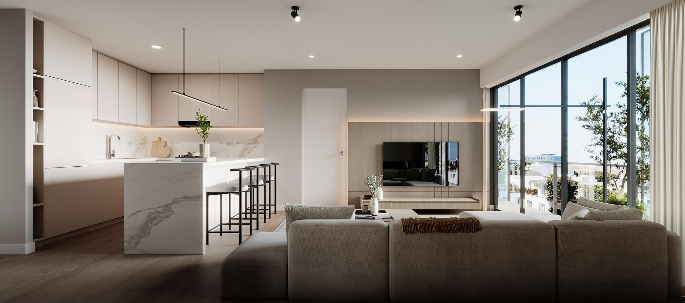 Living del proyecto Basadre de Aster Homes con acabados de lujo, ventanales panorámicos y vista a jardín vertical.