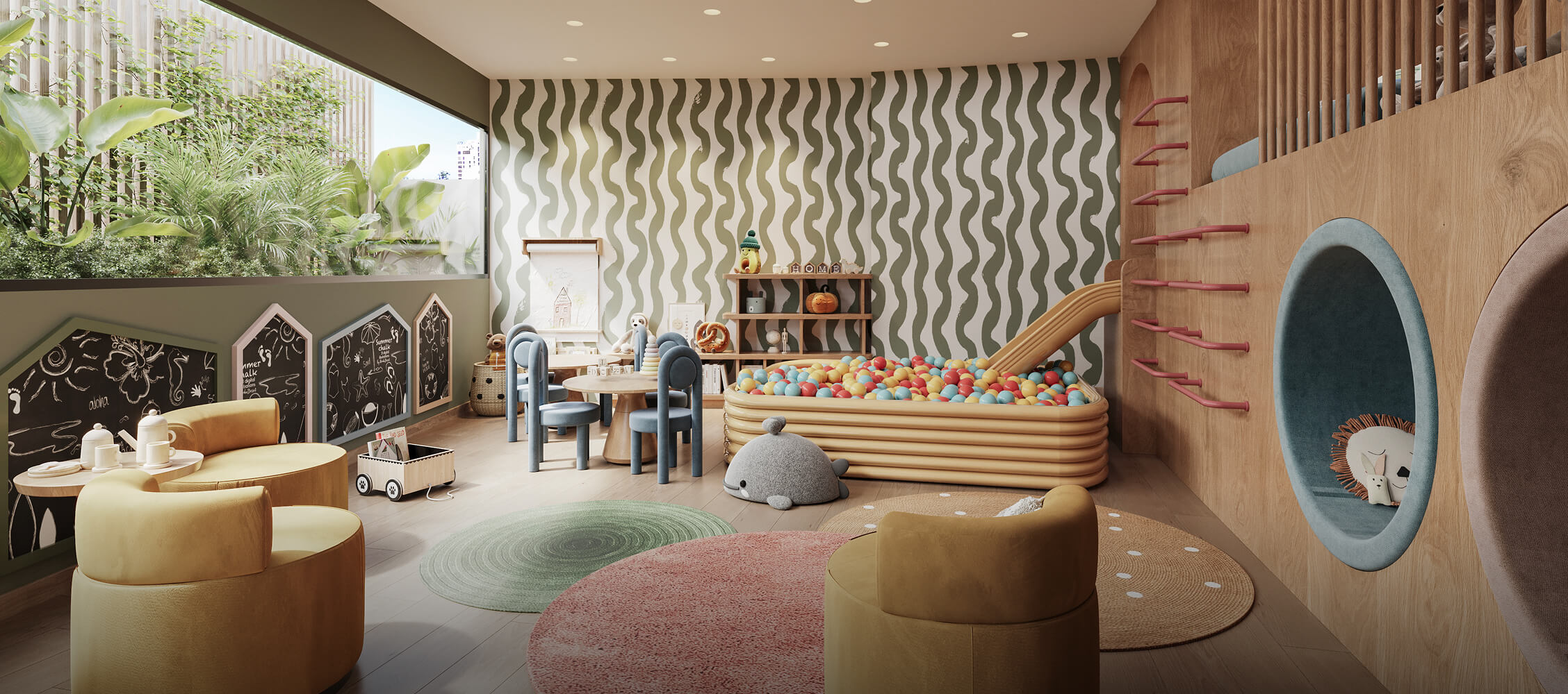Sala de niños del proyecto Reducto Aster Homes en Miraflores con juegos, piscina de pelotas y mobiliario infantil.