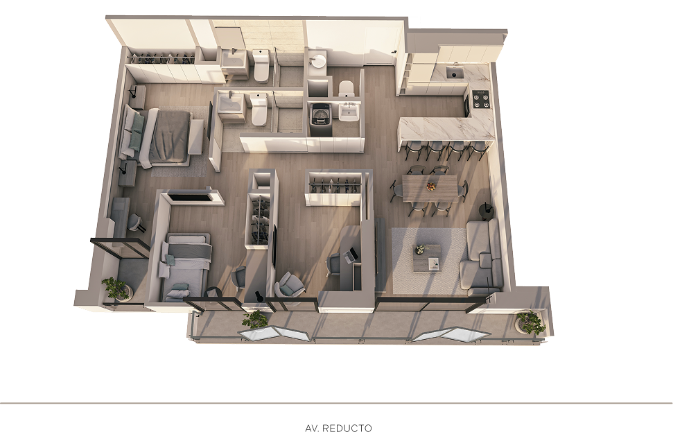 Plano 3D del departamento X02 del proyecto Reducto Aster Homes en Miraflores con distribución de 3 dormitorios.