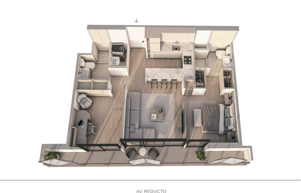 Plano 3D del departamento X04 del proyecto Reducto Aster Homes en Miraflores con distribución de 2 dormitorios.