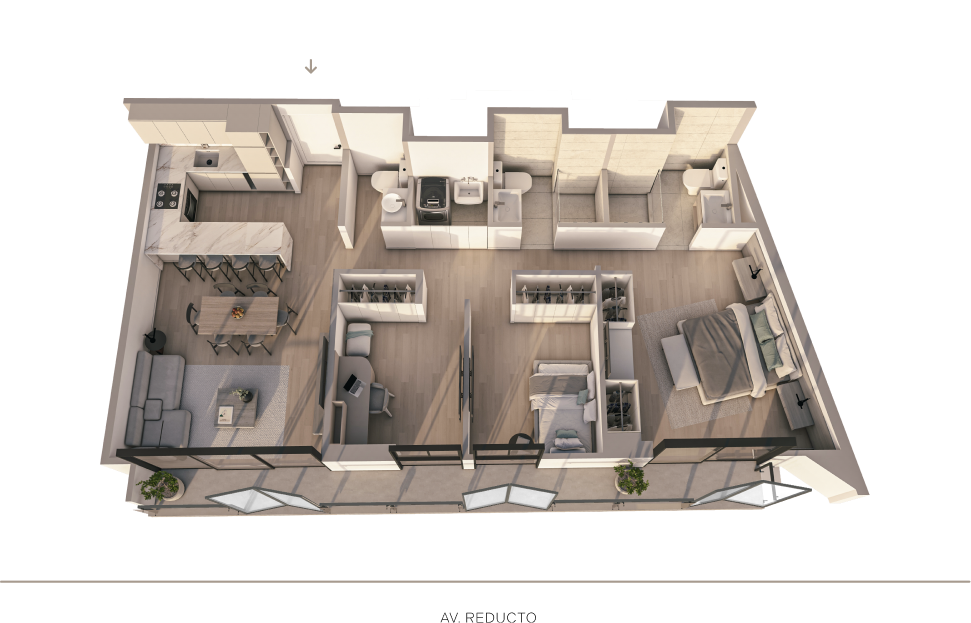 Plano 3D del departamento X05 del proyecto Reducto Aster Homes en Miraflores con distribución amplia de 3 dormitorios.