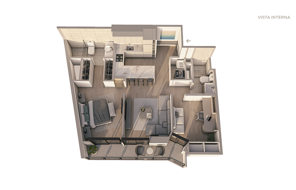 Plano 3D del departamento X06 del proyecto Reducto Aster Homes en Miraflores con áreas bien distribuidas y 2 dormitorios.