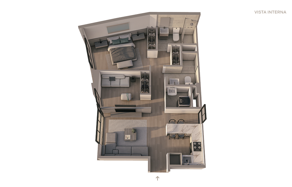 Plano 3D del departamento X07 del proyecto Reducto Aster Homes en Miraflores con diseño funcional de 2 dormitorios.